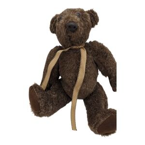 Vintage Style Chocolate Brown Jointed Plush Teddy Bear with Tan Ribbon 12 Inch